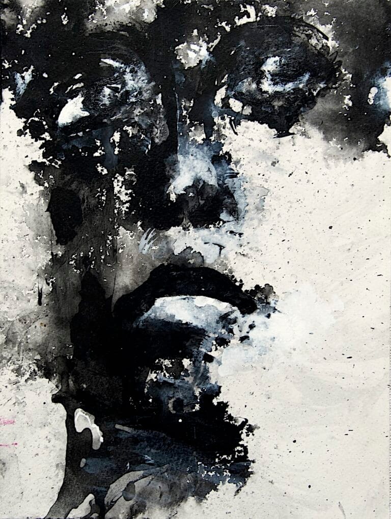 Abstract black and white portrait by Ilaria Berenice titled Memories Tree, depicting a face merging with organic tree-like forms created with ink and acrylic.
