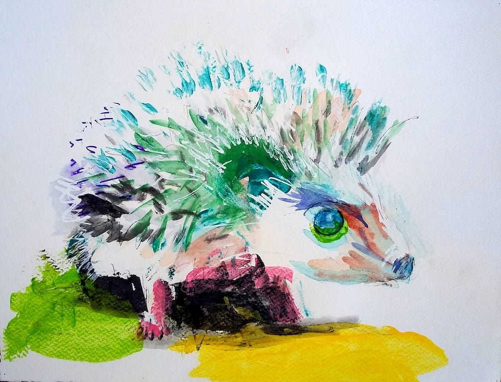 Portrait of porcupine with mixed media drawing