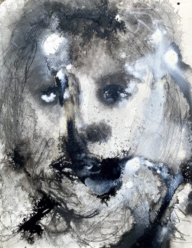 Black and white mixed media portrait exploring balance between light and shadow by Ilaria Berenice.