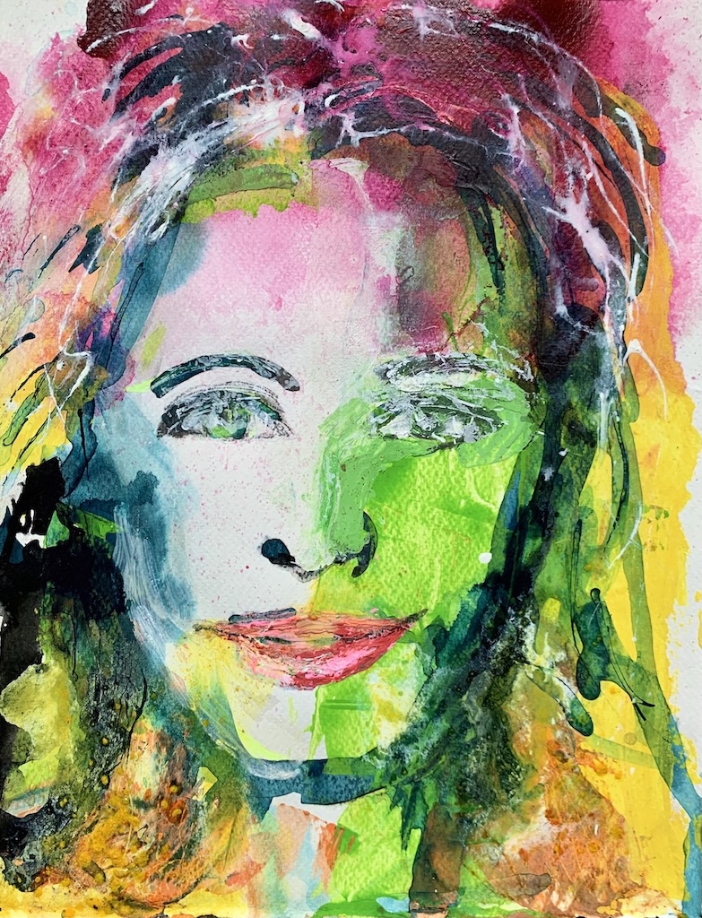Portfolio 7 Chromatic Awakening Colorful abstract face with pink, green, yellow, and turquoise hues expressing inner awakening.