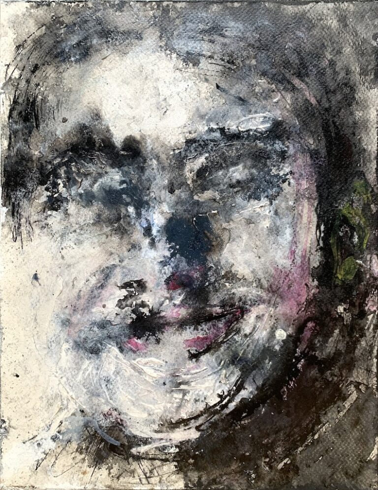 Abstract portrait painting by Ilaria Berenice titled Emerging Silence, textured black and white face with hints of pink, emerging from layers of shadow and light.