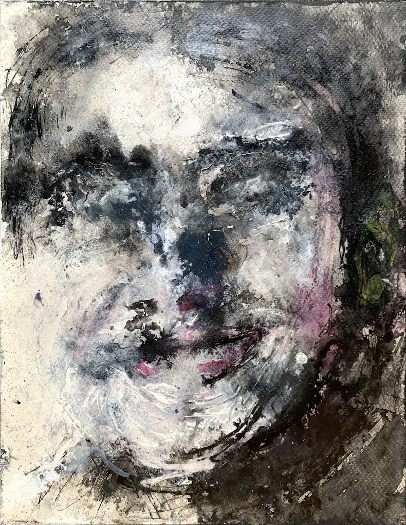 Portfolio 33 Abstract portrait painting by Ilaria Berenice titled Emerging Silence, textured black and white face with hints of pink, emerging from layers of shadow and light.