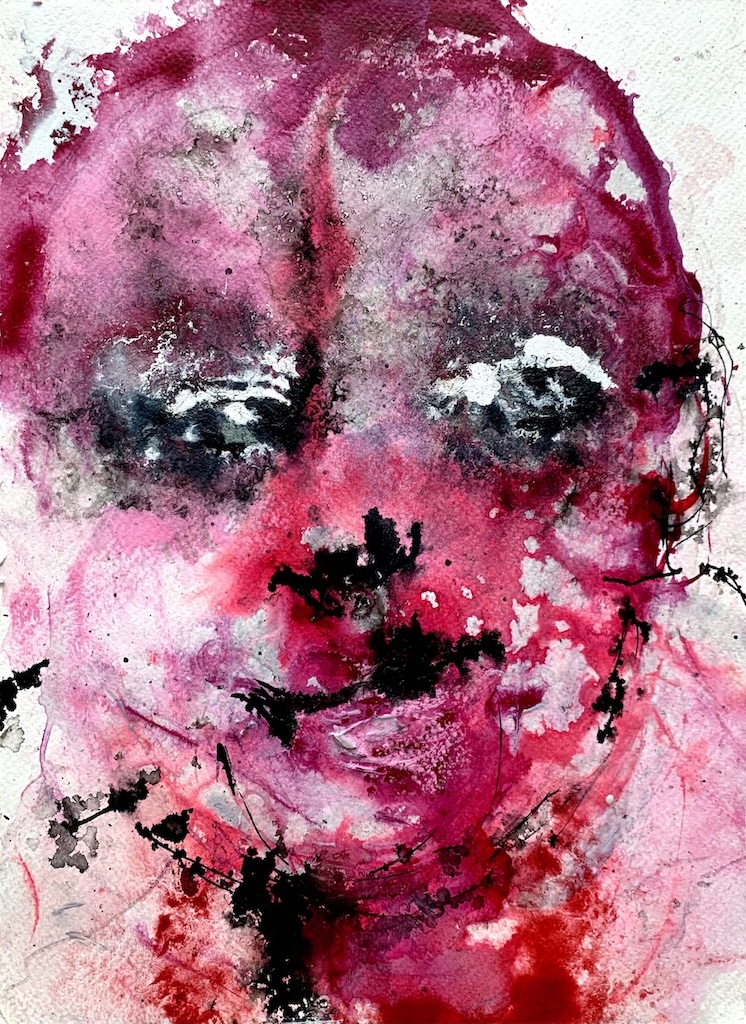Portfolio 15 Abstract portrait painting by Ilaria Berenice titled Face in Red, created with liquid colors in shades of red, black, and white, expressing raw emotion and spontaneity.