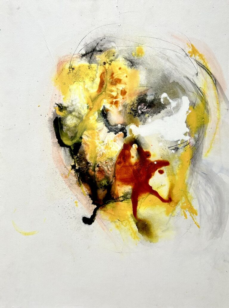 Abstract mixed media portrait by Ilaria Berenice titled Inner Fire, featuring flowing textures and vivid tones of gold, red, and black evoking inner energy.