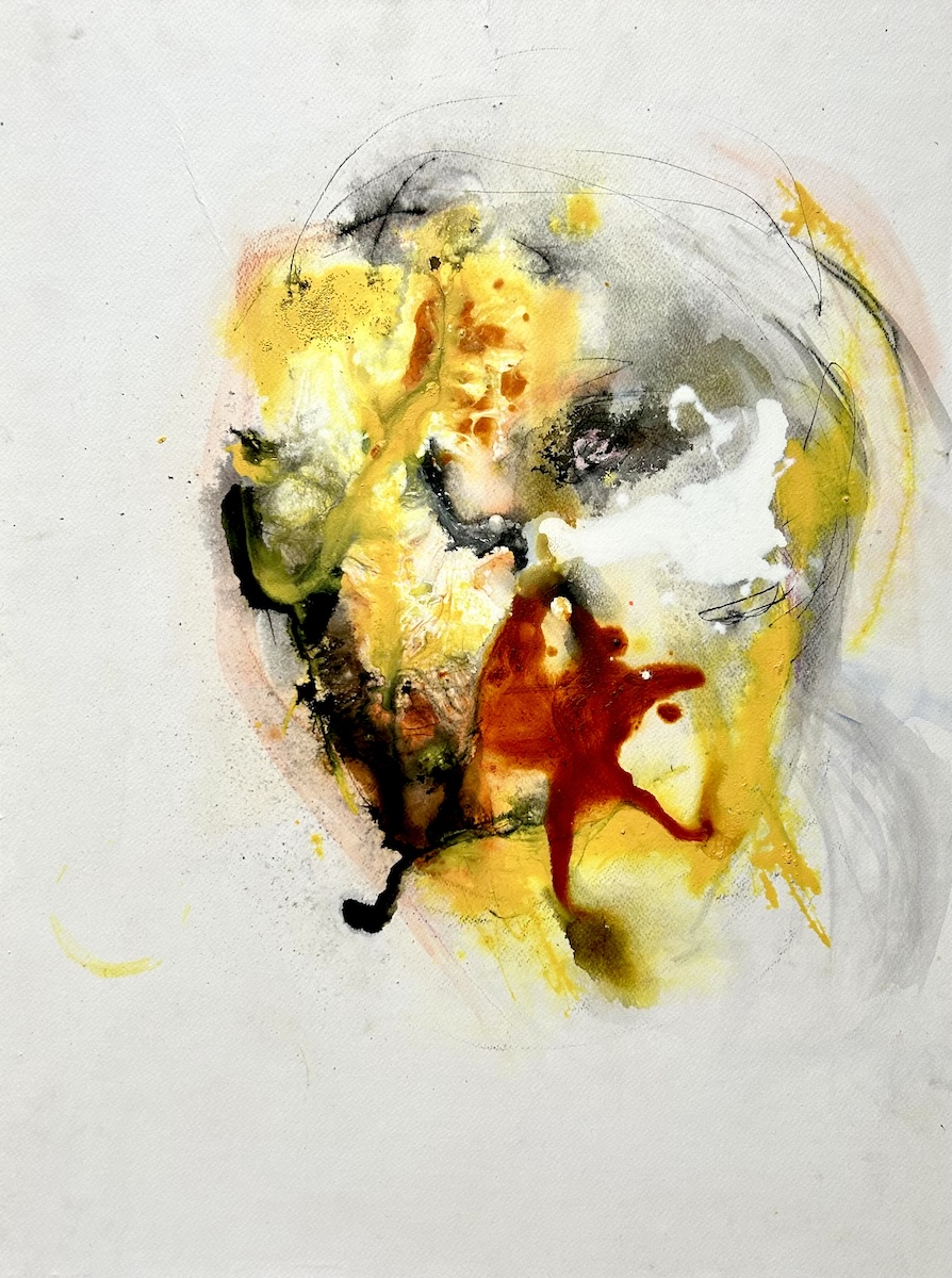 Portfolio 23 Abstract mixed media portrait by Ilaria Berenice titled Inner Fire, featuring flowing textures and vivid tones of gold, red, and black evoking inner energy.