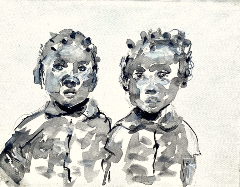 Expressive monochrome portrait by Ilaria Berenice titled Innocence Immortalized, depicting two children painted in ink and acrylic with spontaneous brushstrokes.