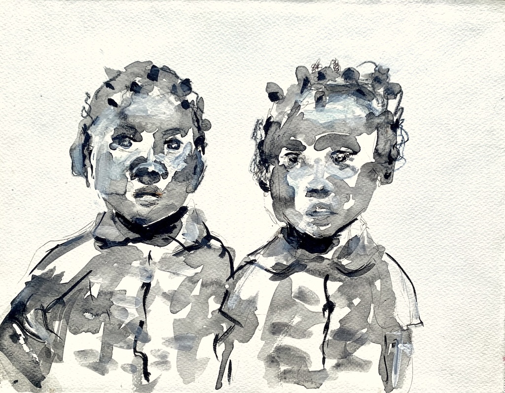 Portfolio 17 Expressive monochrome portrait by Ilaria Berenice titled Innocence Immortalized, depicting two children painted in ink and acrylic with spontaneous brushstrokes.