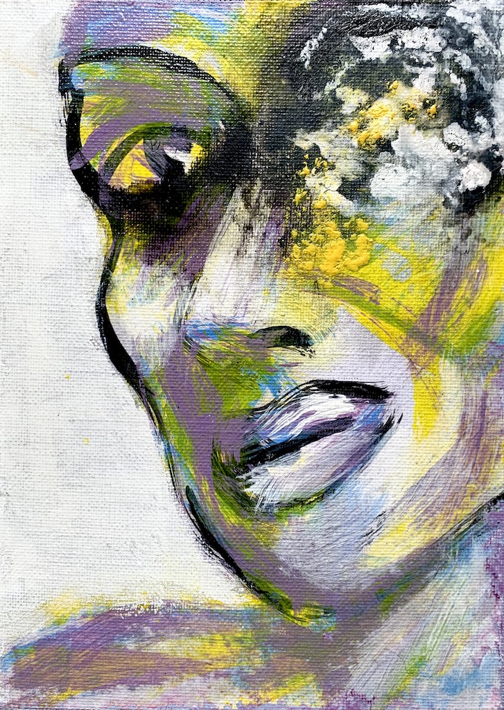 Portfolio 11 Abstract portrait painting by Ilaria Berenice titled The Dissolution of the Ego, acrylic on canvas showing a fading face in tones of yellow, purple and white.