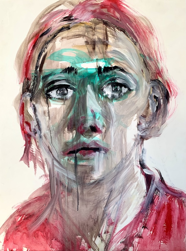 Portfolio 25 Abstract self-portrait painting by Ilaria Berenice titled Reflected Essence, acrylic on canvas with androgynous features and expressive brushstrokes.