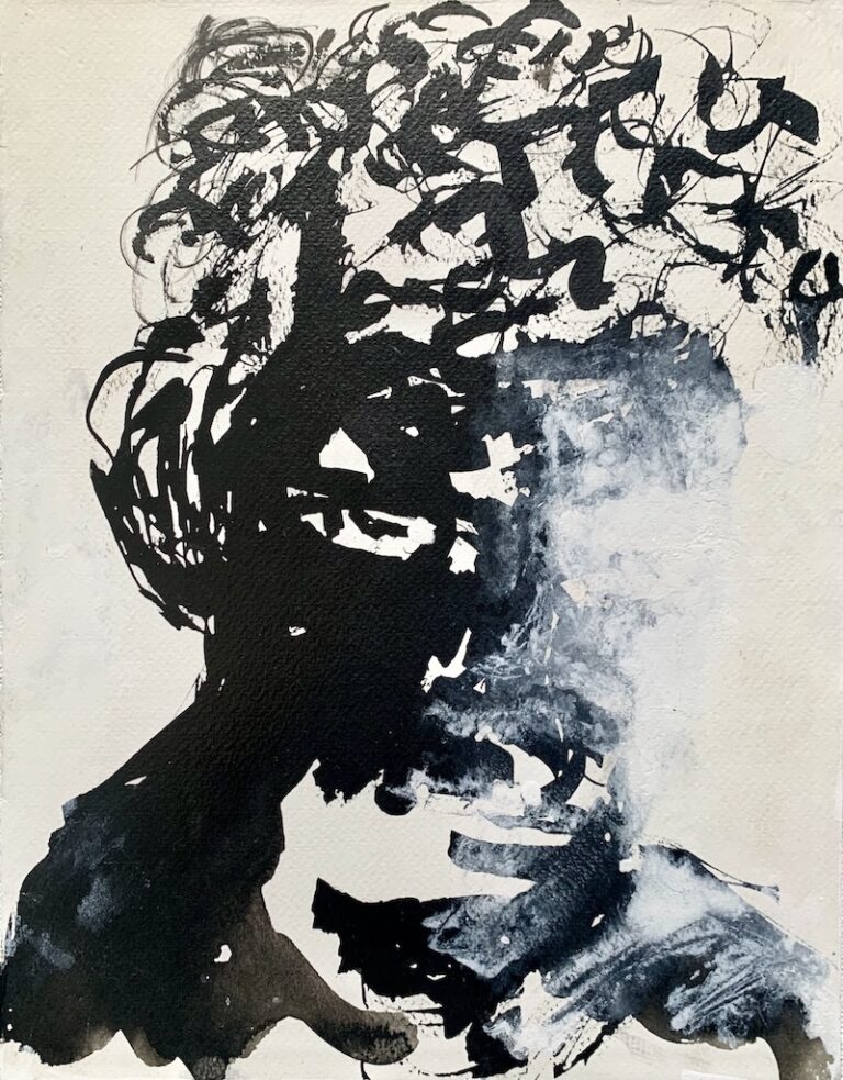 Reverse - Abstract black and white portrait painting titled Reverse by Ilaria Berenice, created with ink and acrylic, exploring contrast between light and shadow.