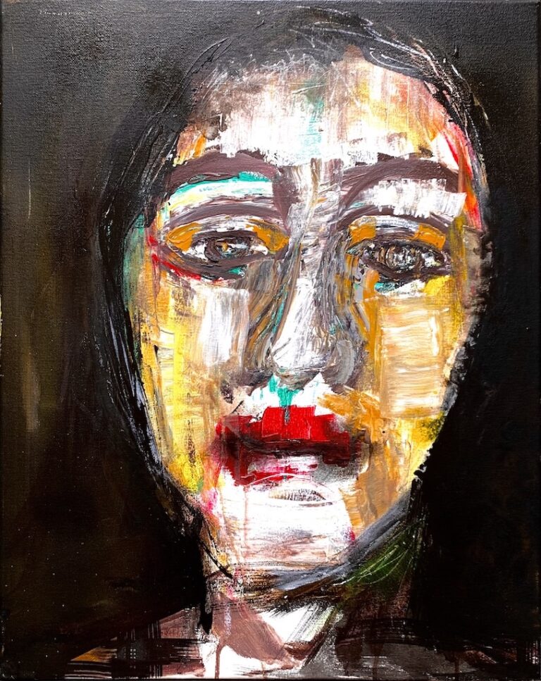 The Eyes of the Soul - Expressionist face painting with colorful eyes and textured black background by Ilaria Berenice.