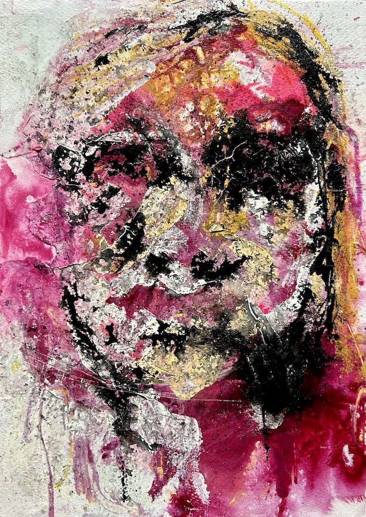 Portfolio 9 Face of the Imponderable Abstract face emerging from warm red, yellow, and black tones, mixed media painting by Ilaria Berenice.