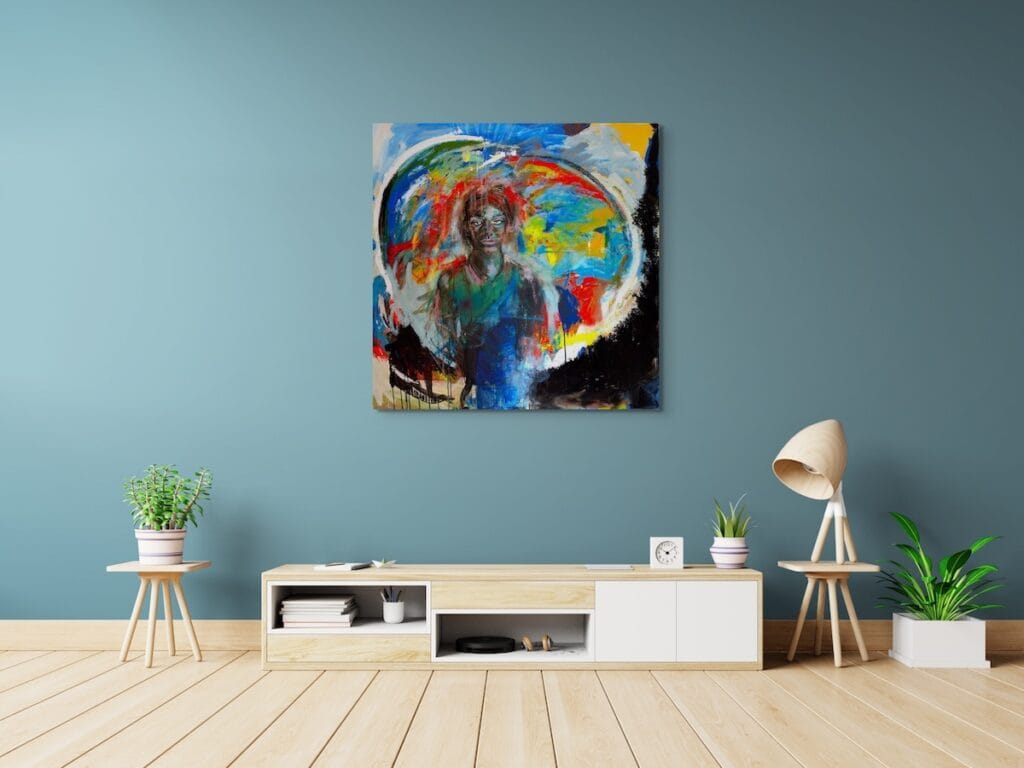 Brazil painting by Ilaria Berenice displayed in modern interior, abstract contemporary artwork on blue wall