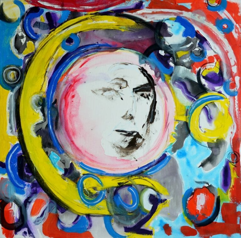 Fly Me to the Moon – contemporary abstract figurative painting by Ilaria Berenice and Paolo Amoretti