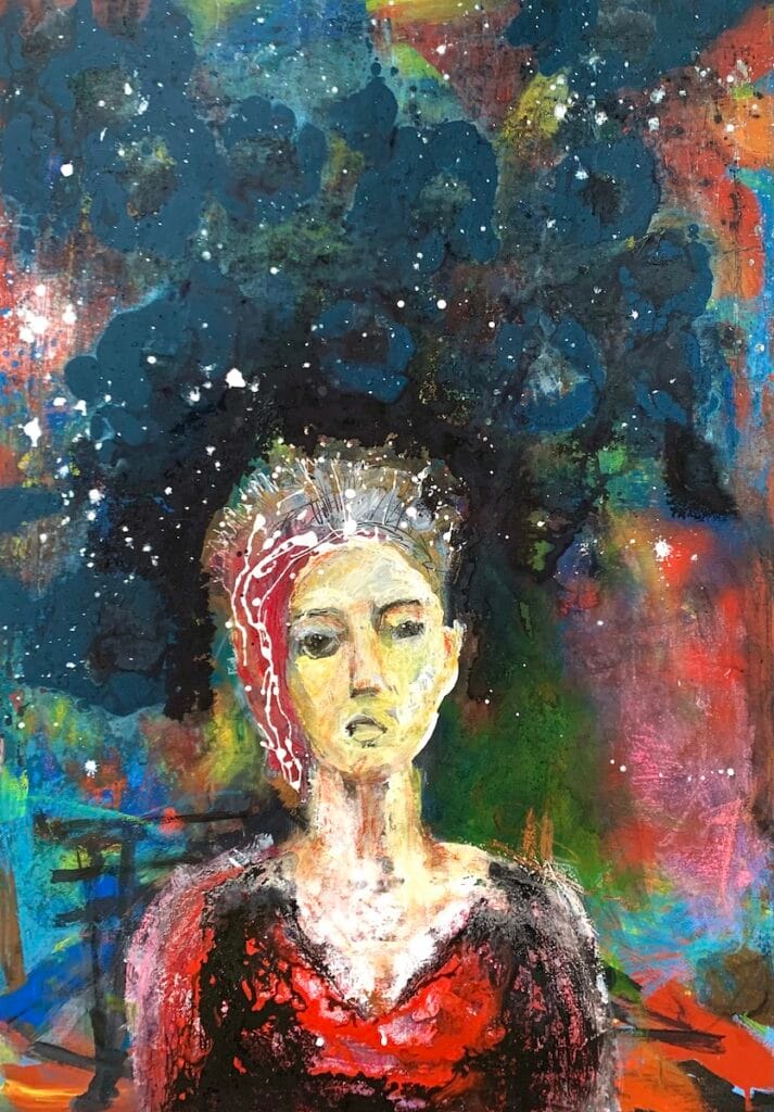 Starborn – contemporary abstract figurative painting by Ilaria Berenice, luminous face emerging in cosmic background