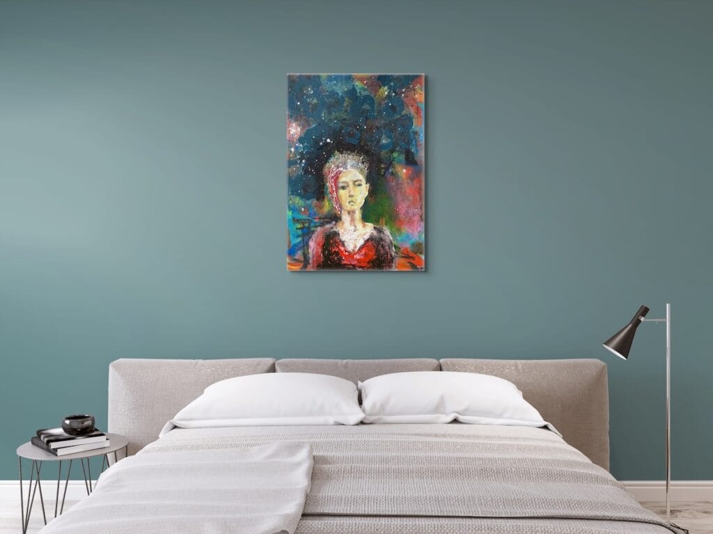 Starborn painting by Ilaria Berenice in modern bedroom interior, contemporary abstract artwork above bed