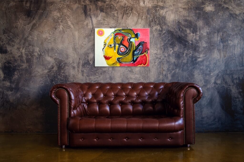 Thoughts in Motion painting by Ilaria Berenice displayed above leather sofa, contemporary abstract artwork in modern interior