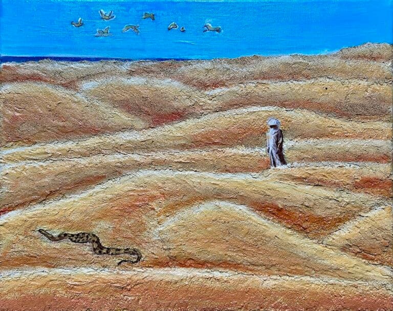 Desert 4 Una figura solitaria cammina tra le dune ondulate del deserto sotto un cielo azzurro e limpido.