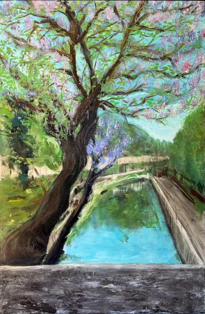 Ilaria Berenice – Contemporary Abstract Artist 2 Martesana, painting by Ilaria Berenice inspired by the flowering trees along the Martesana canal in Milan.